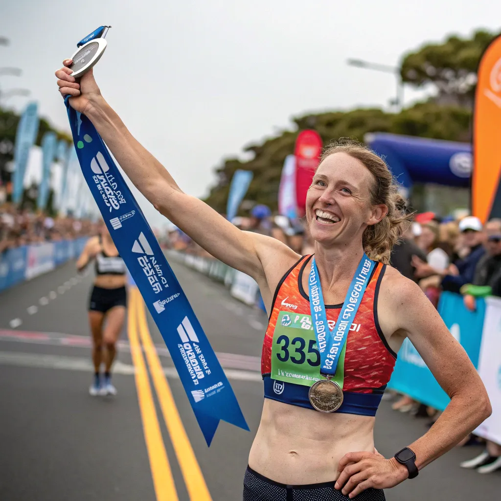 Emma Reid celebrating her marathon finish